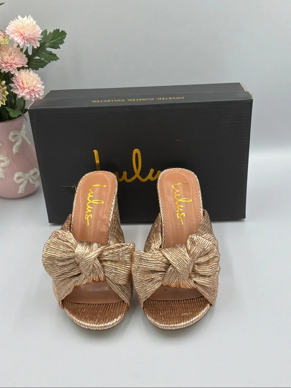 Lulu's Metallic Rose Gold Knot Block Heel Mules